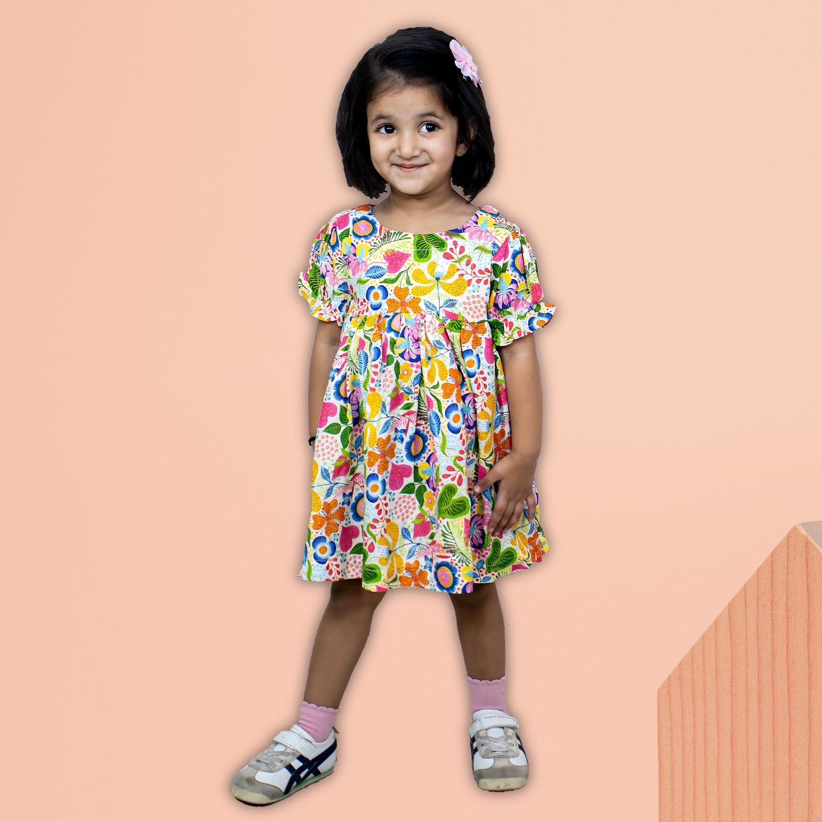 Girls Multicolor Floral Puff Sleeve Dress — Casual / Party Wear