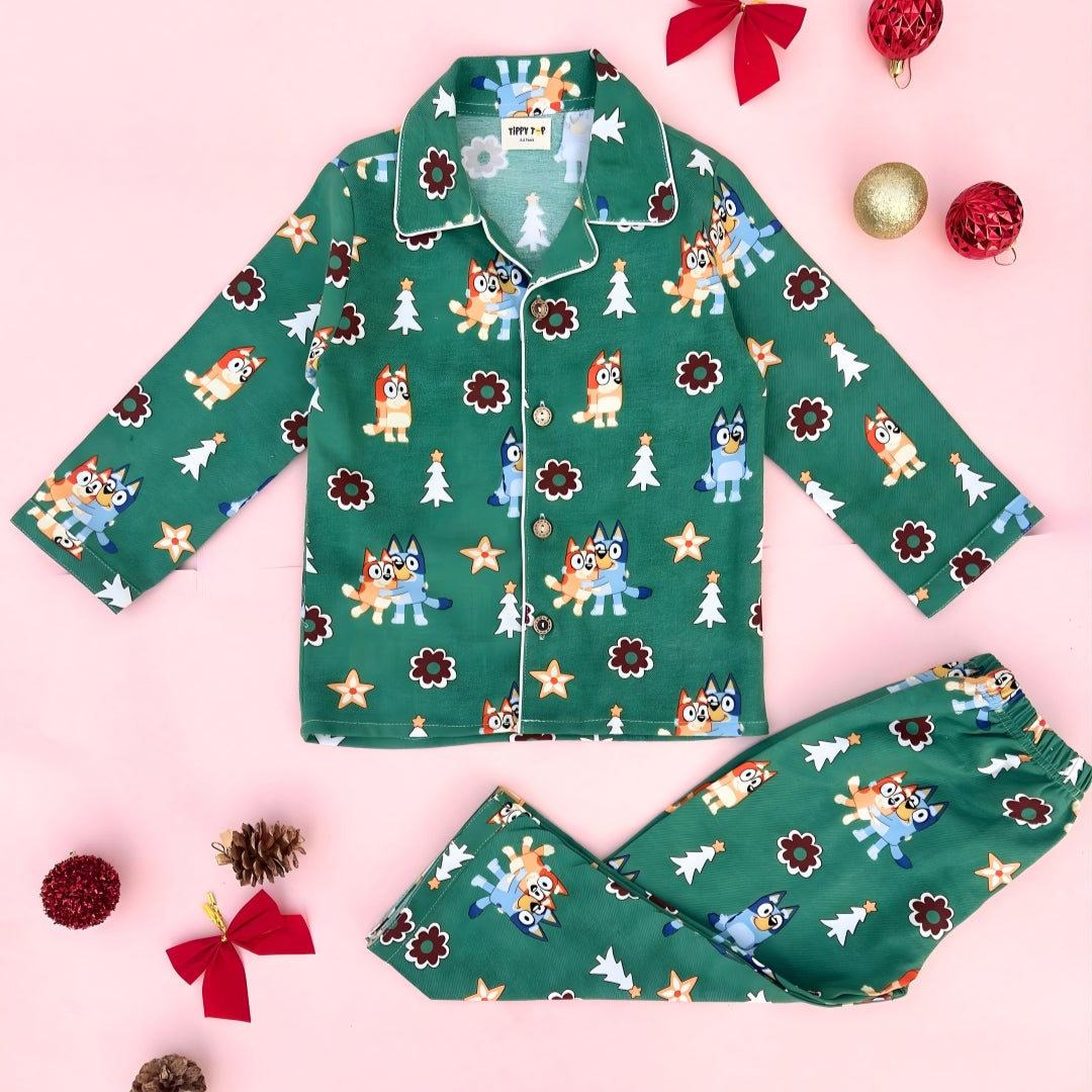 Winter Pajama Set – Green Animal Friends Print Nightsuit