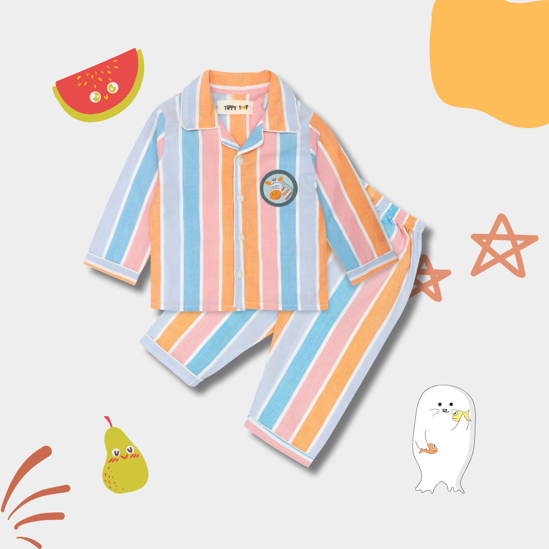Giraffe ‑ Patch Striped Cotton Nightsuit –  Full‑Sleeves