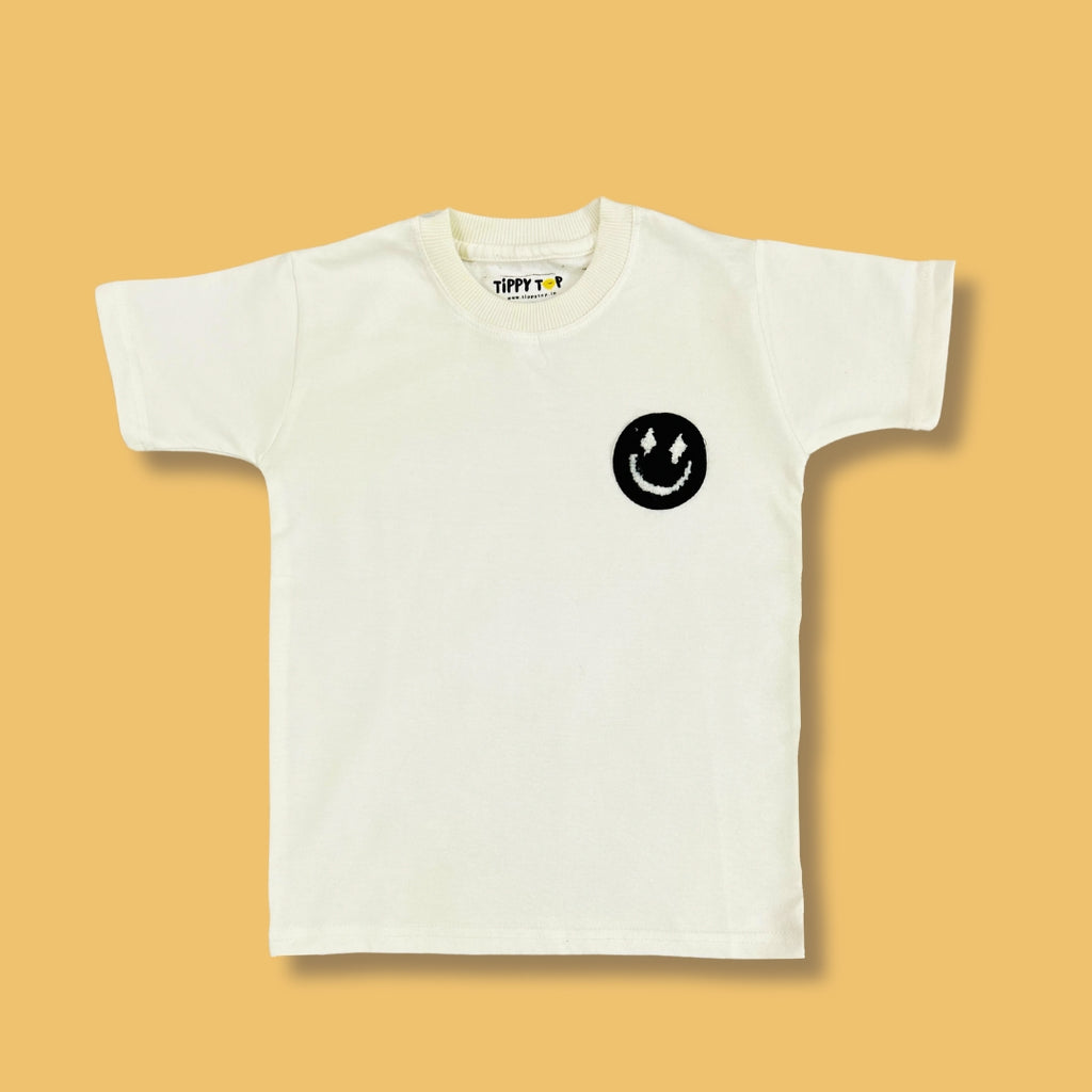 White Cotton T-Shirt with Smiley Patch
