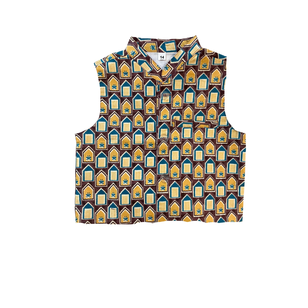 Brown Cotton Printed Nehru Jacket Kurta Set