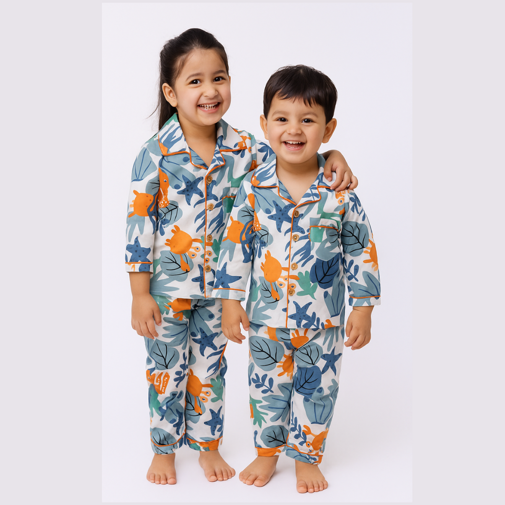 White Cotton Sea Animals Printed Nightsuit Set