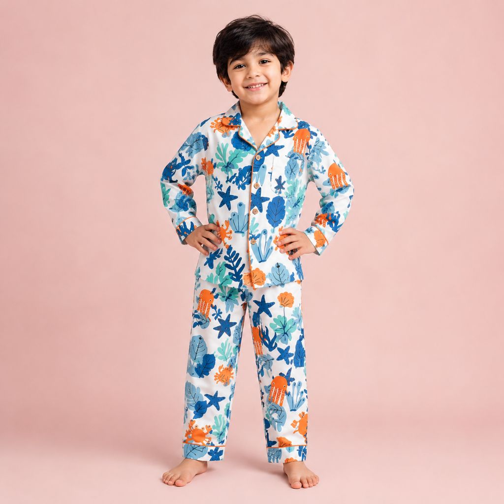 Kids White Sea Animal Print Cotton Night Suit