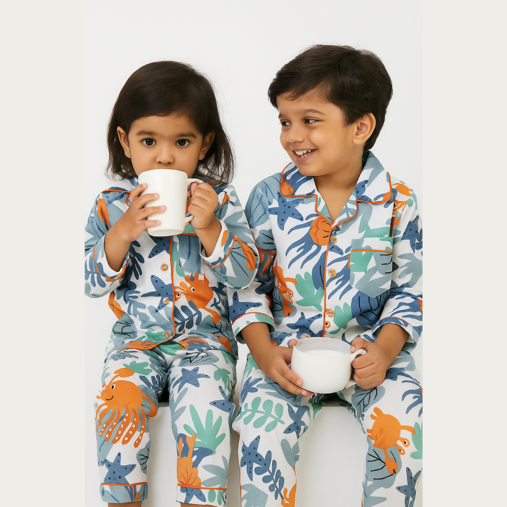 White Cotton Sea Animals Printed Nightsuit Set