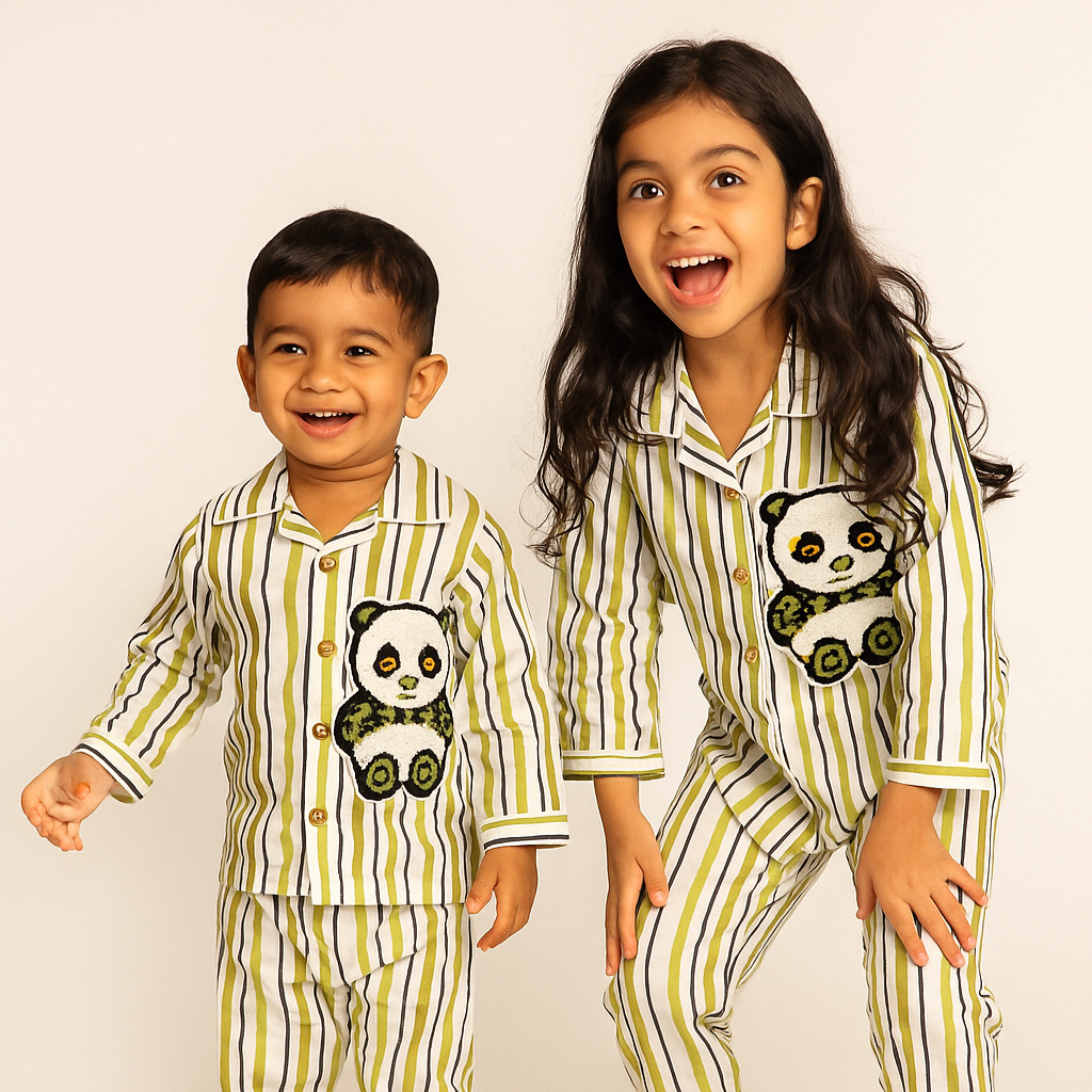 Cotton Pajama Set – Striped Nightsuit with Panda Patch