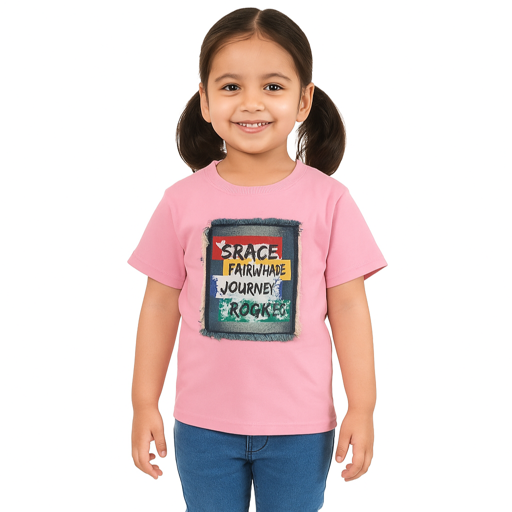 Kids Pink Cotton T-Shirt with Denim Patch | Space Rocket Graphic Tee