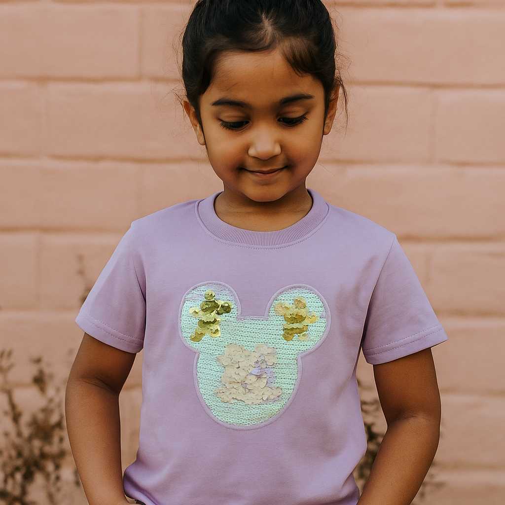 Kids Lavender Cotton T-Shirt with Sequin Mickey Motif