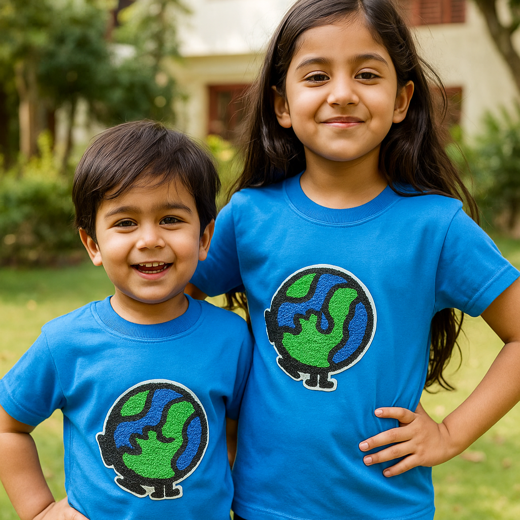 Blue Cotton T-Shirt Earth Patch