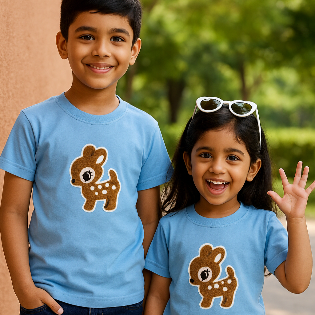Boy and girl wearing Tippy Top blue cotton deer motif T-shirt