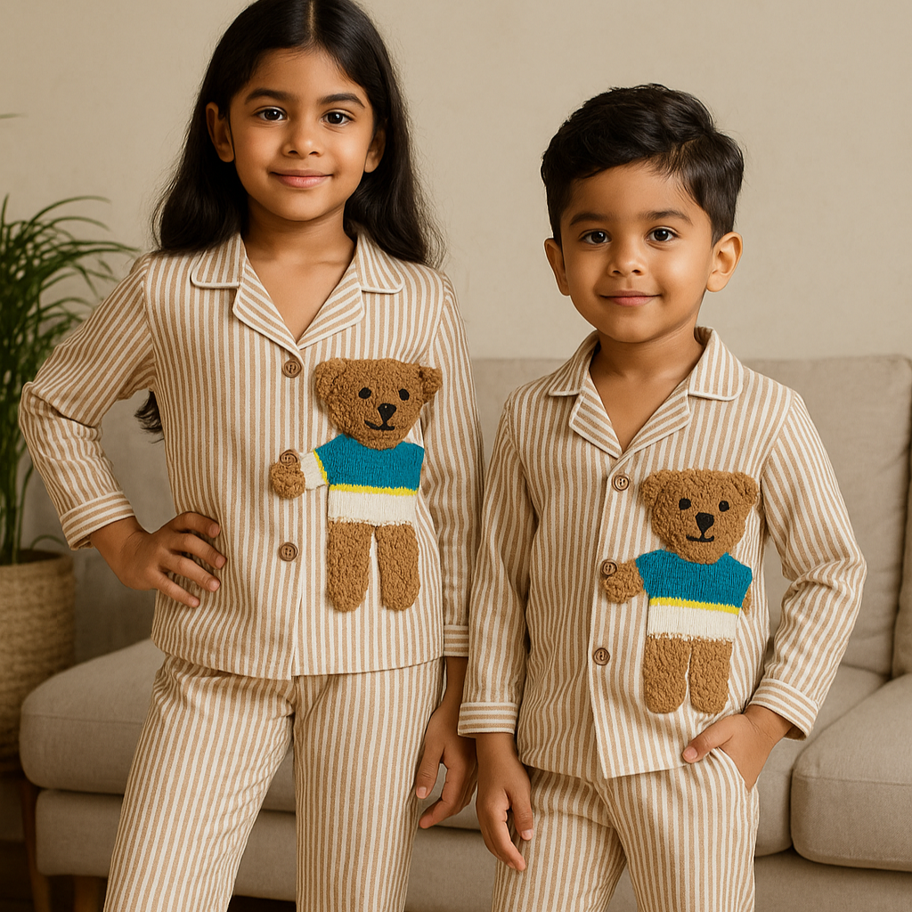 Beige Cotton Striped Teddy Patch Nightsuit Set