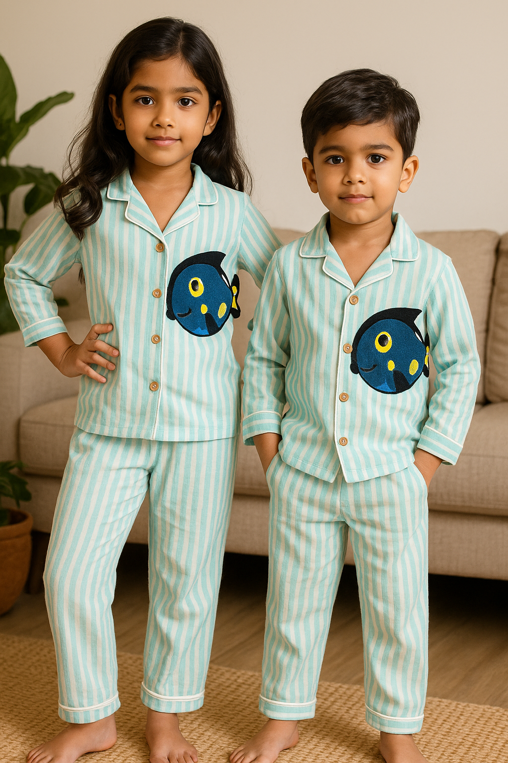Two children wearing matching pajamas with fish designs in a living room setting.