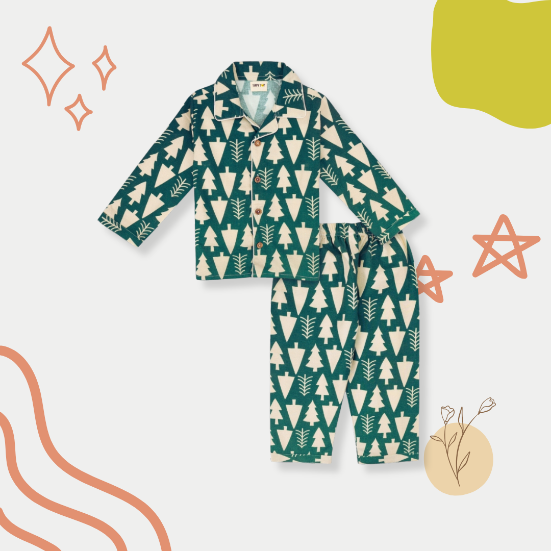 Winter Pajama Set – Green Christmas Tree Print Nightsuit