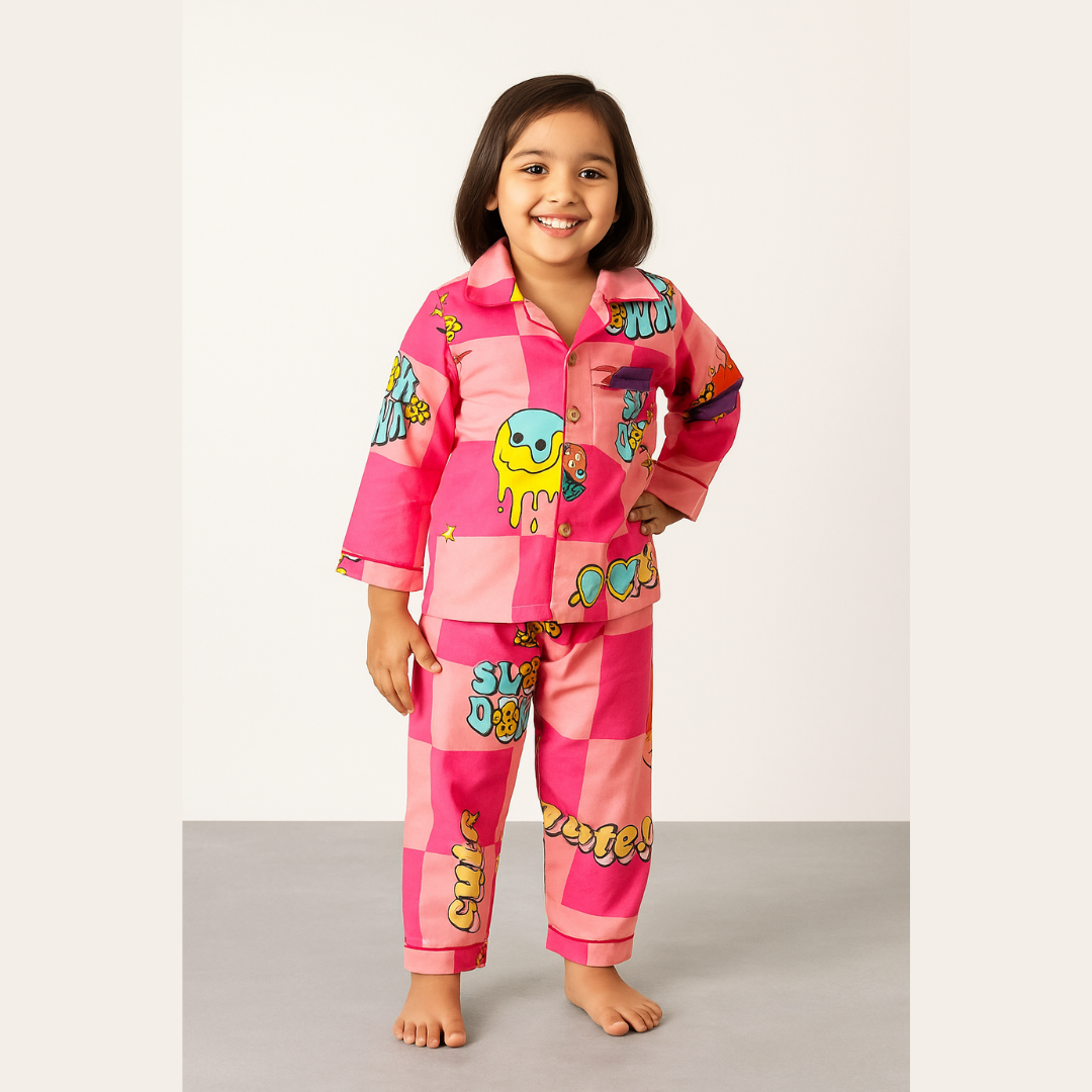 Pink Cotton Quirky Printed Nightsuit Set
