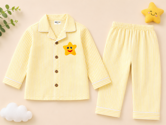 Yellow Striped Night Suit with a Star Patch