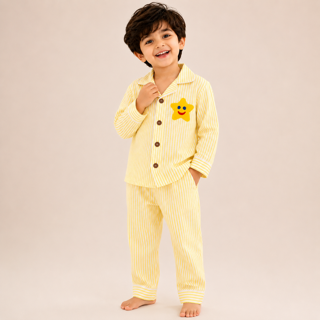 Kids yellow striped cotton night suit with smiling star patch – full sleeves sleepwear