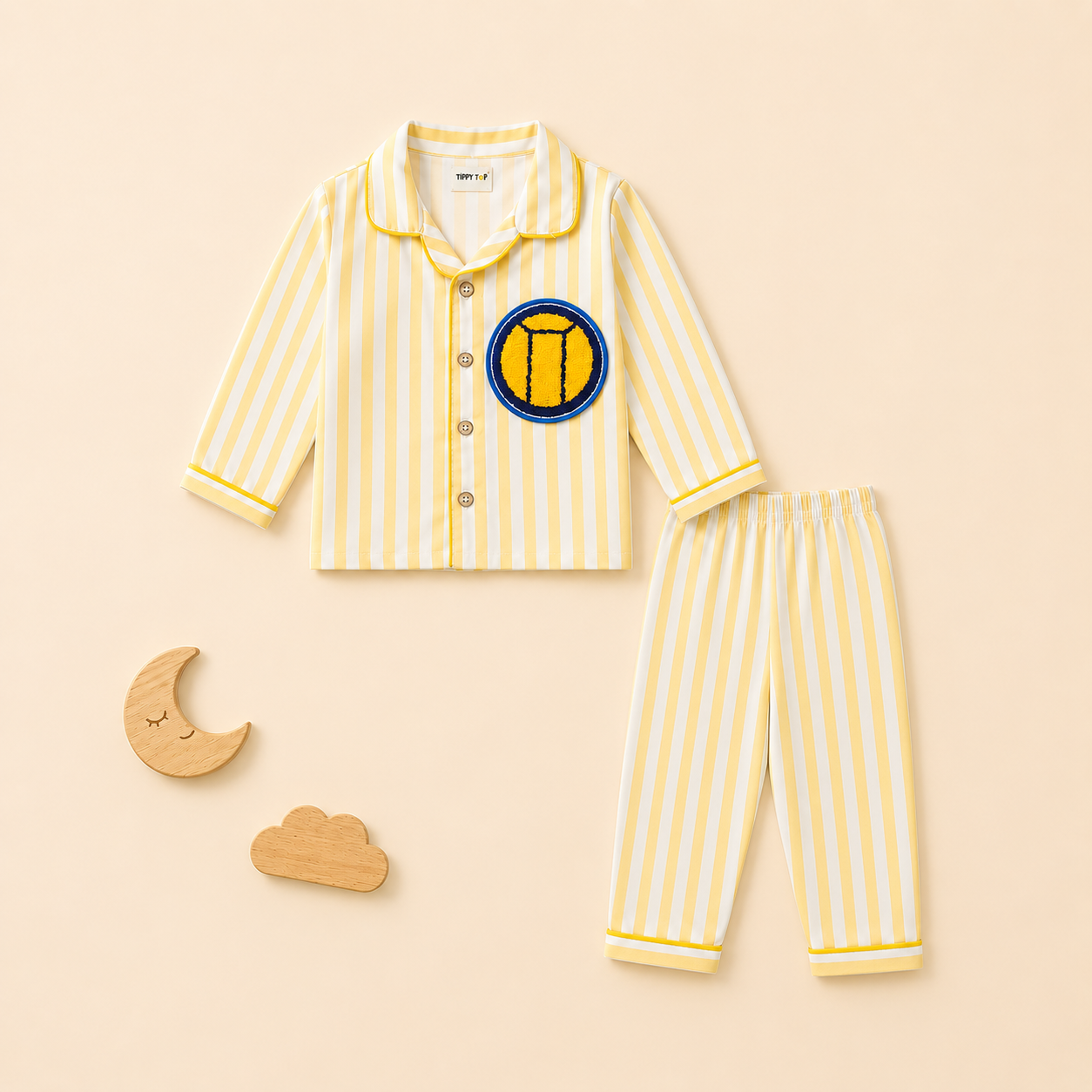 Kids yellow striped cotton night suit with patch – full sleeves sleepwear