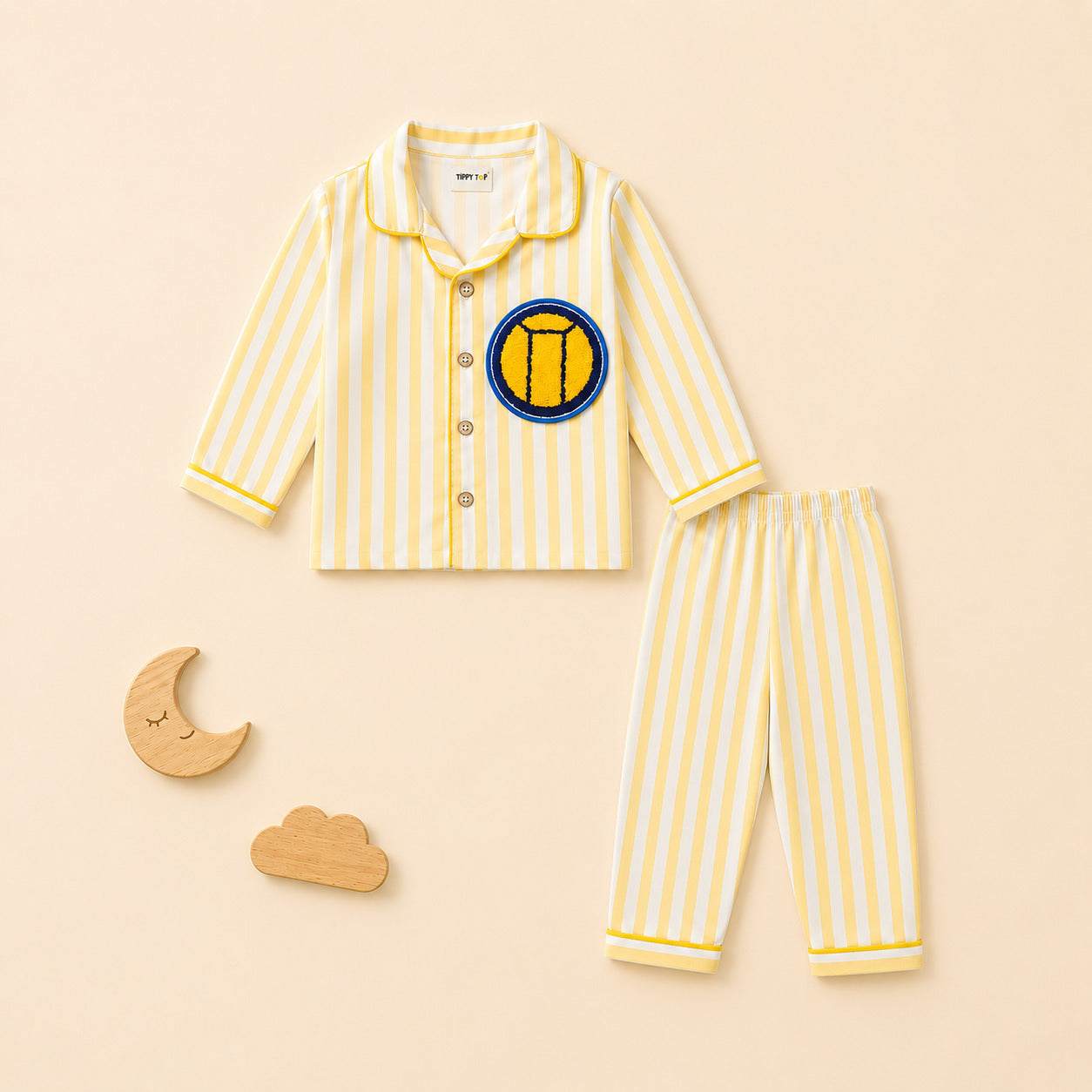 Kids yellow striped patch night suit – flat lay product view