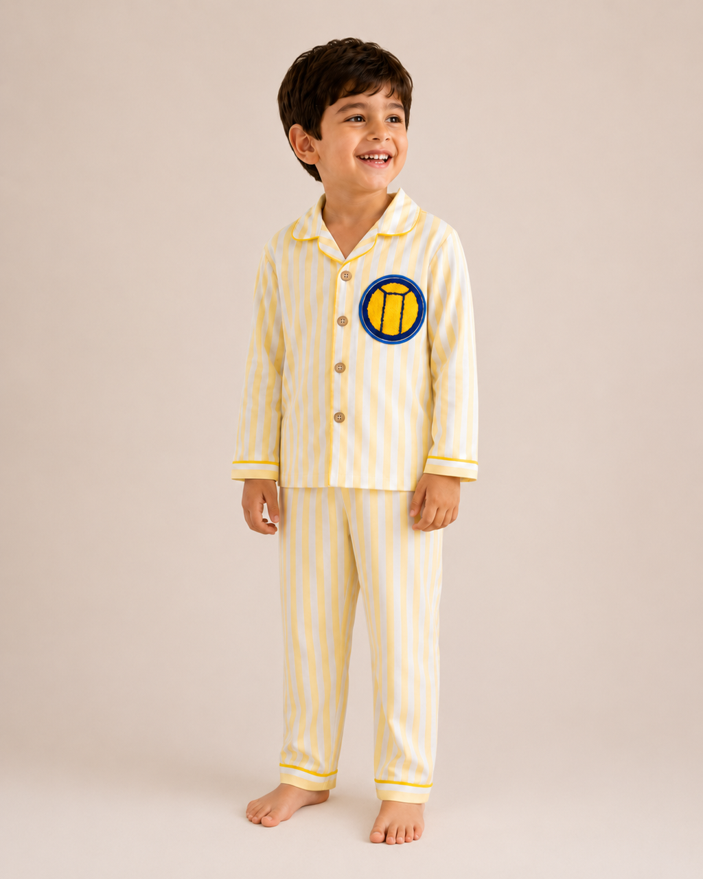 Kids yellow striped patch night suit – flat lay product view