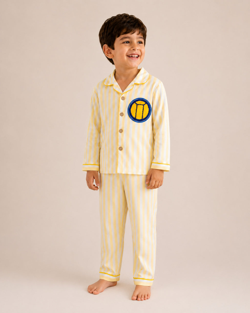 Kids yellow striped cotton night suit with patch – front view