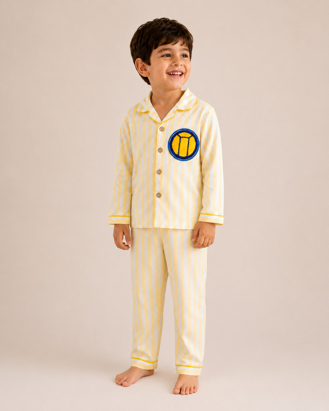 Kids yellow striped cotton night suit with patch – front view