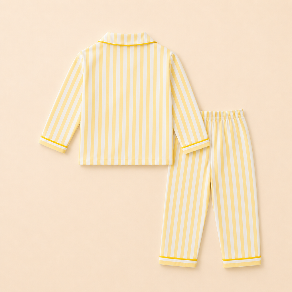 Kids yellow striped patch night suit – child wearing front view