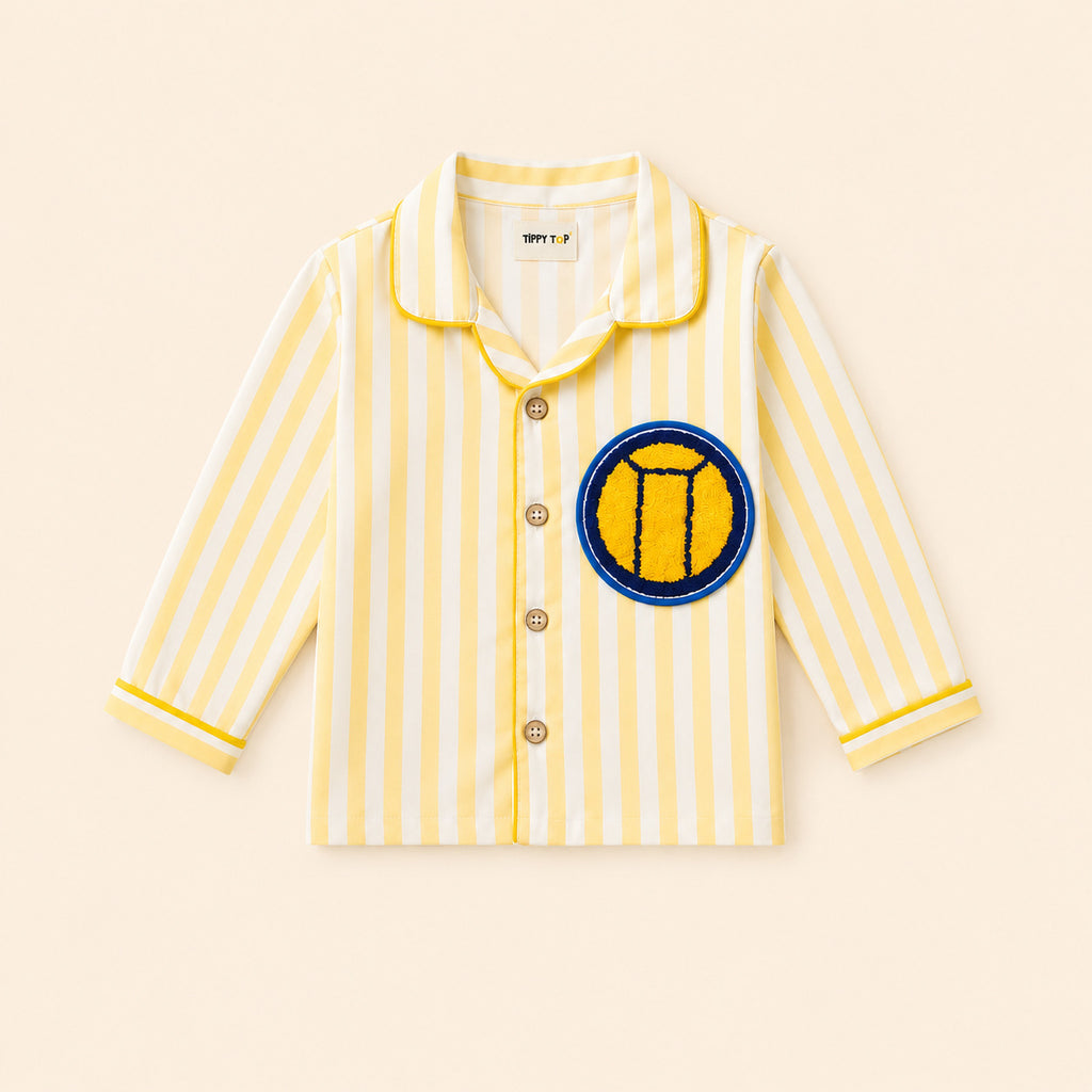 Kids yellow striped patch night suit – child wearing front view