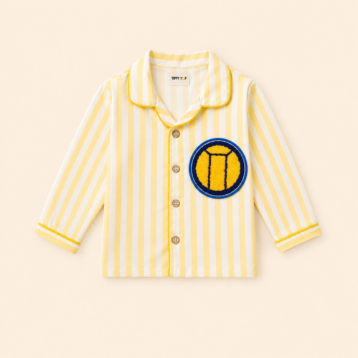 Kids yellow striped patch night suit – child wearing front view