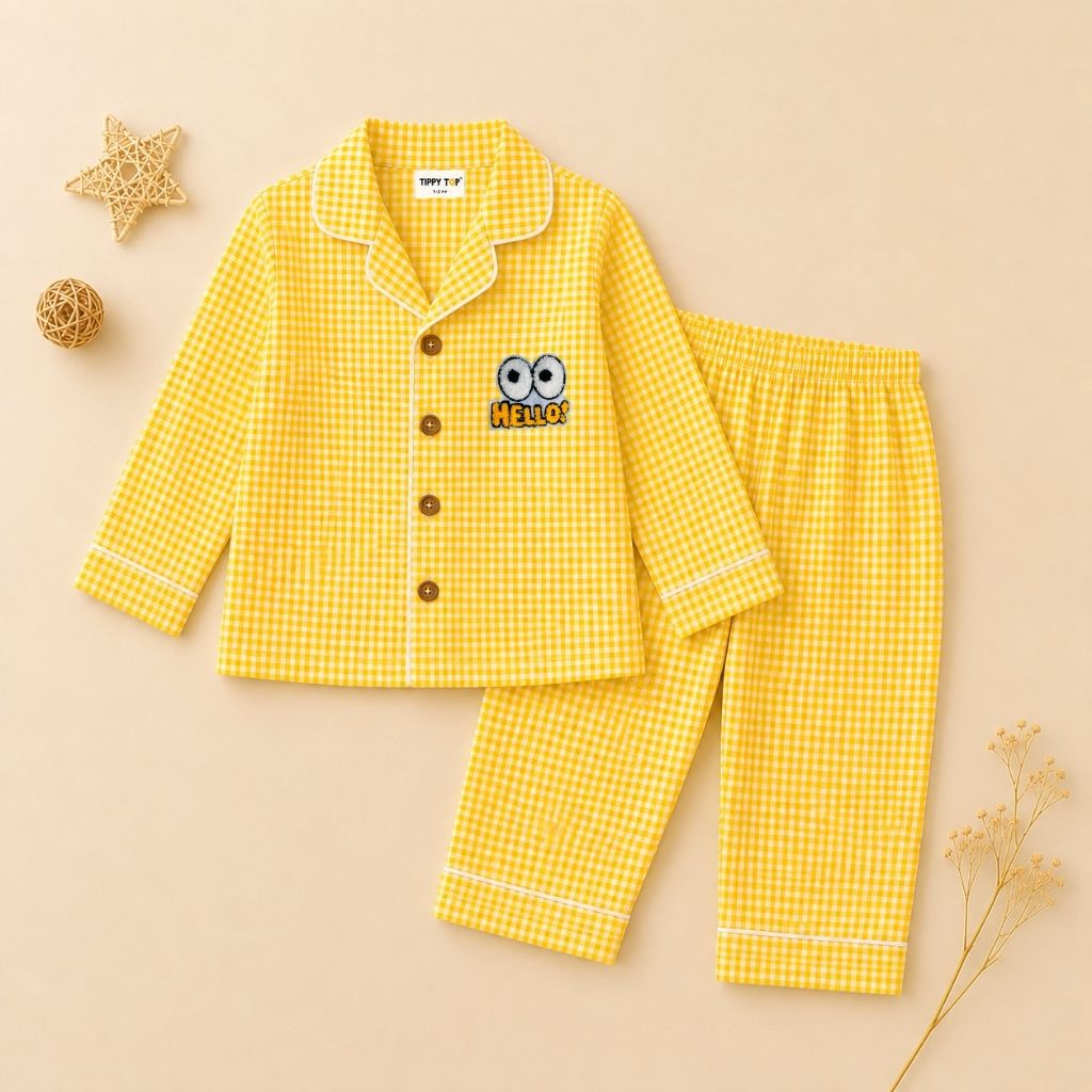 Kids yellow check hello patch night suit – flat lay product view