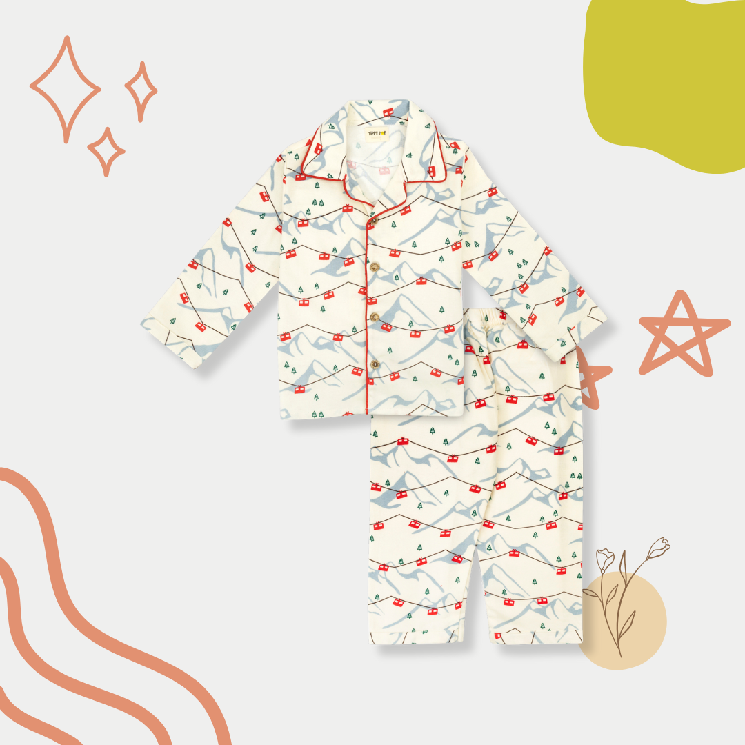 Winter Pajama Set – Cream Bird & Branch Print Nightsuit