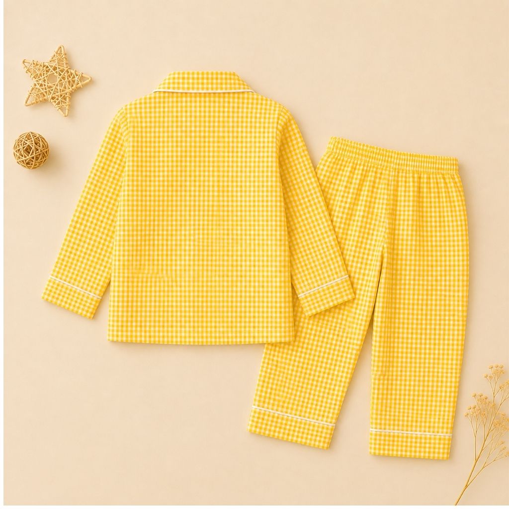 Kids yellow check hello patch night suit – back view