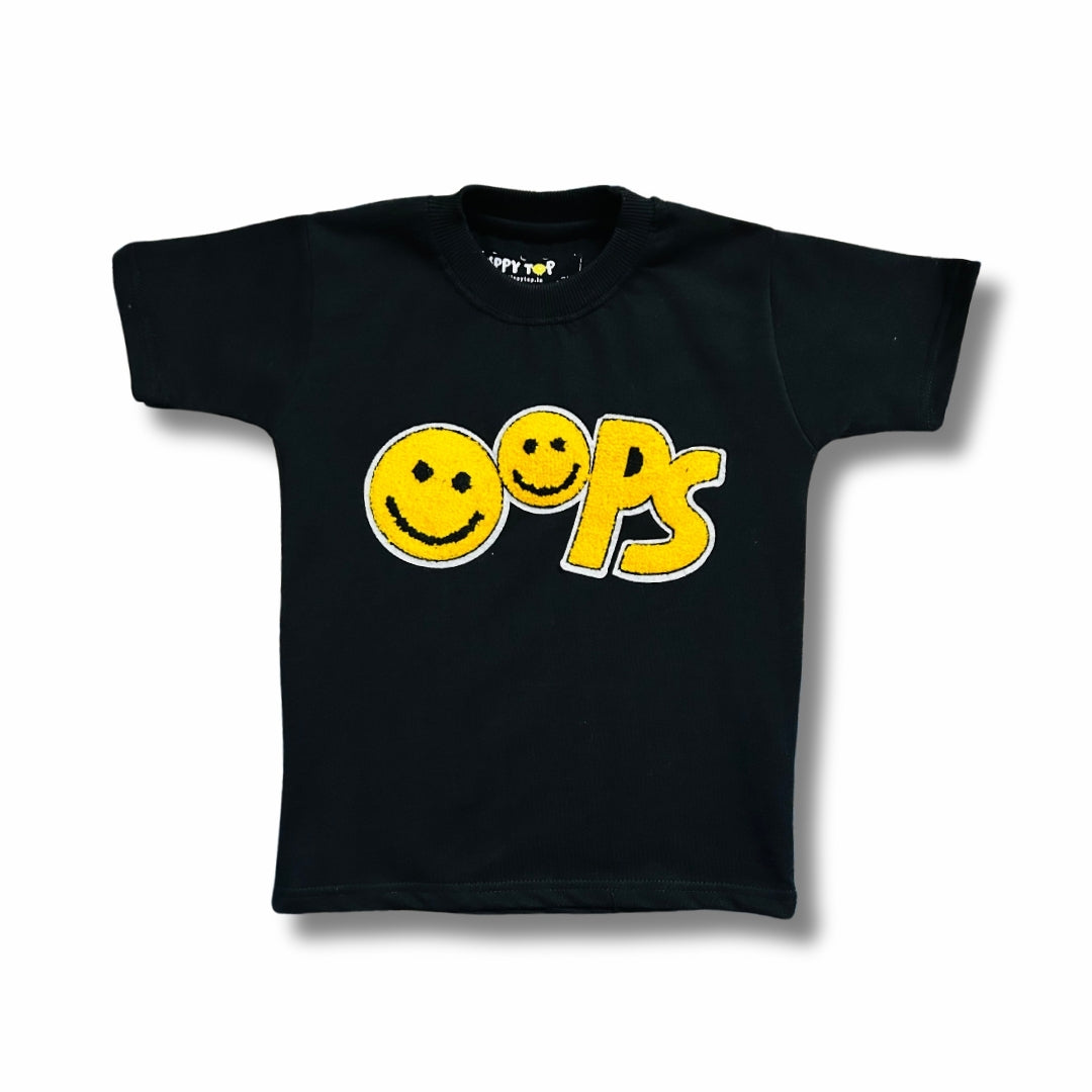 Kids Black “Oops” Smiley Motif T-Shirt
