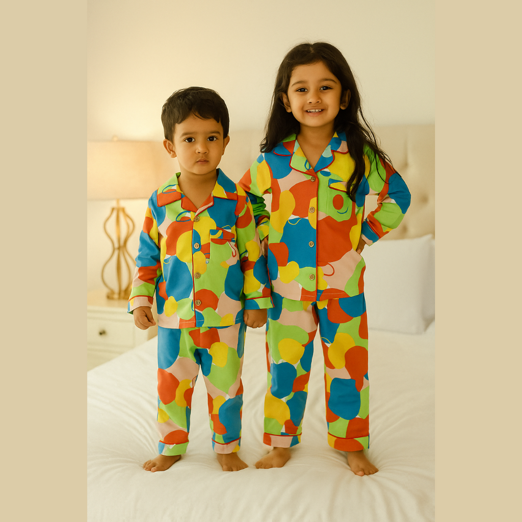 White Cotton Multicolor Circles Printed Nightsuit Set