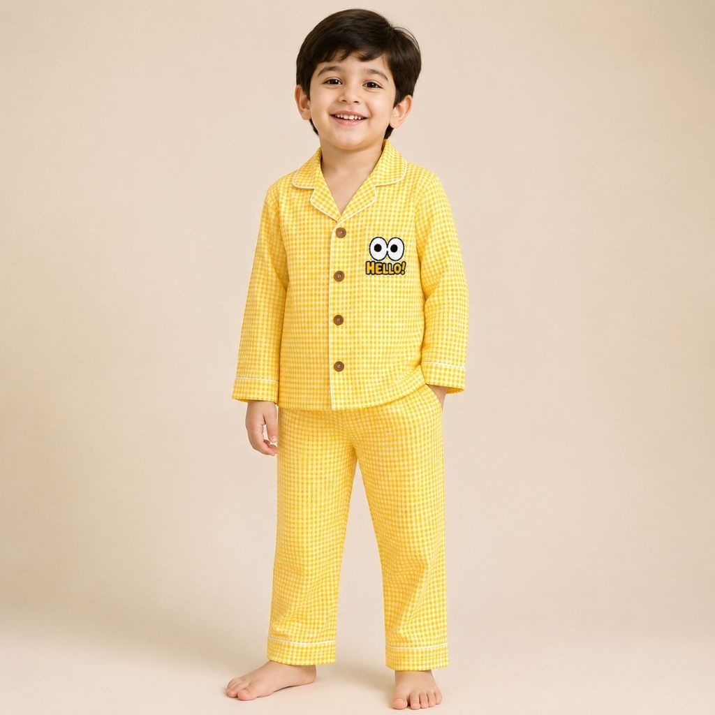 Kids yellow check cotton night suit with hello patch – full sleeve shirt and pyjama set