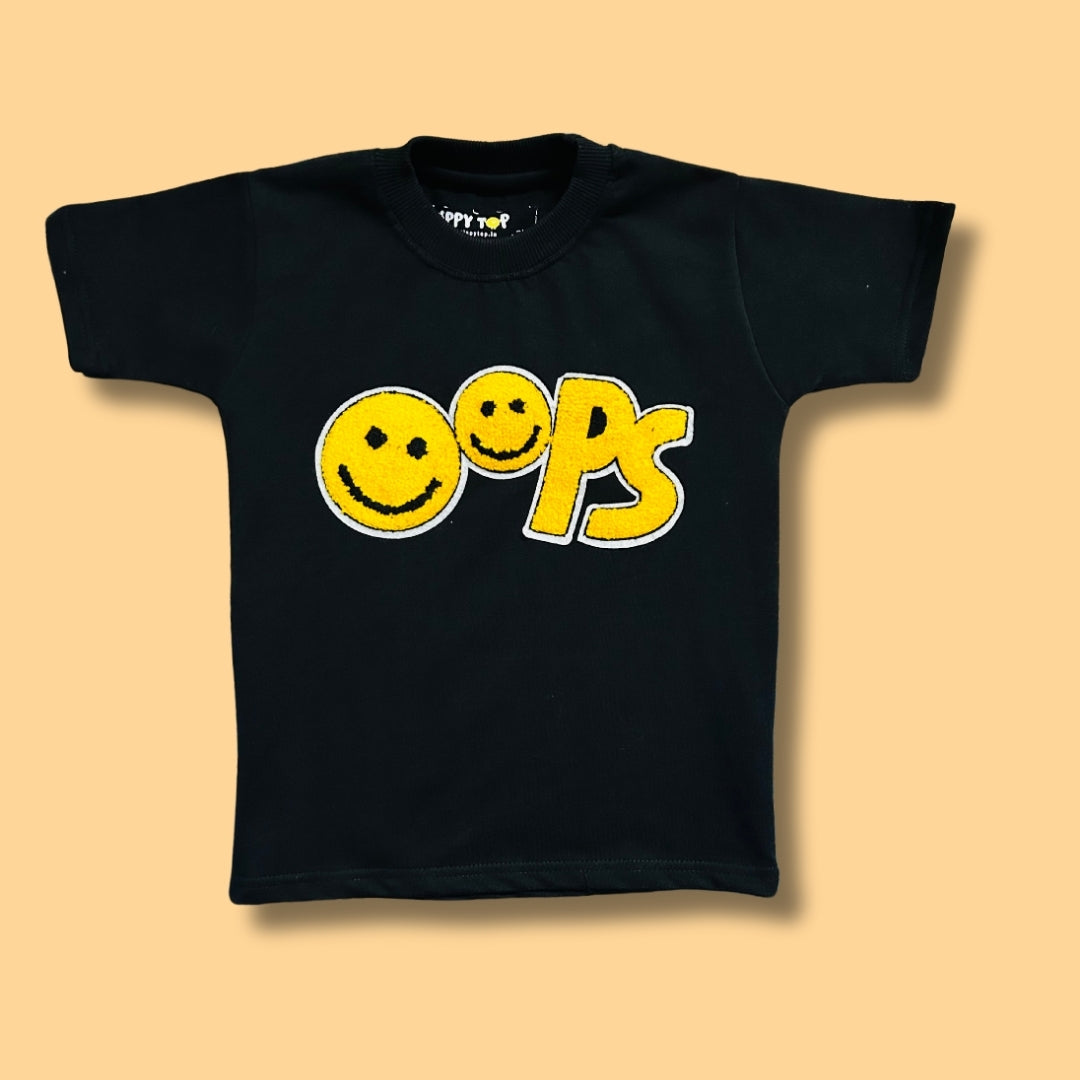 Kids Black “Oops” Smiley Motif T-Shirt
