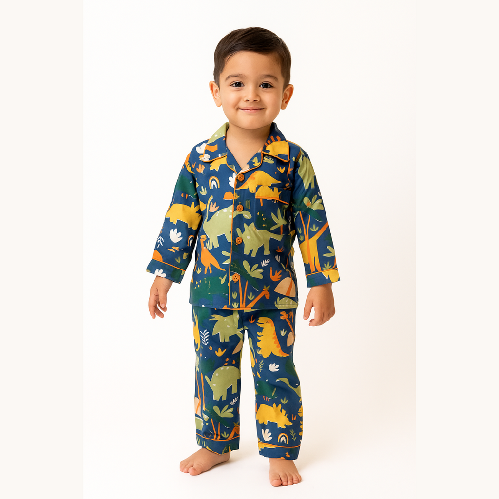 Blue Cotton Dinosaur Printed Nightsuit Set