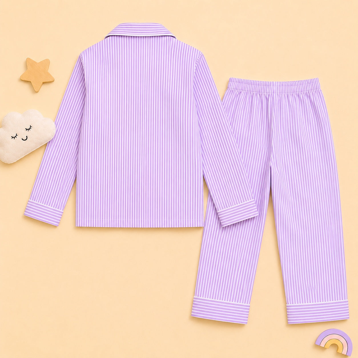 Girls Lavender Striped Cotton Night Suit With Bow Patch | Full Sleeves