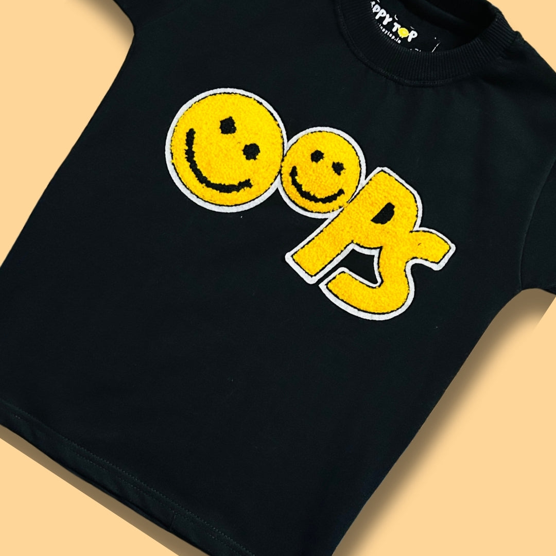 Kids Black “Oops” Smiley Motif T-Shirt