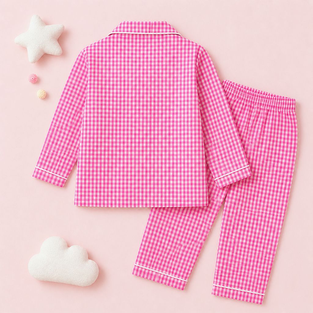 Girls Pink Gingham Cotton Night Suit with Dragonfly Patch