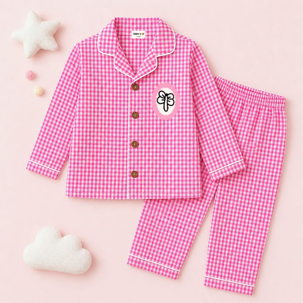Girls Pink Gingham Cotton Night Suit with Dragonfly Patch