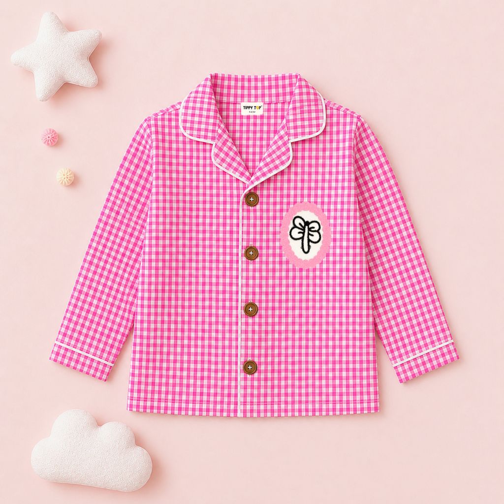 Girls Pink Gingham Cotton Night Suit with Dragonfly Patch