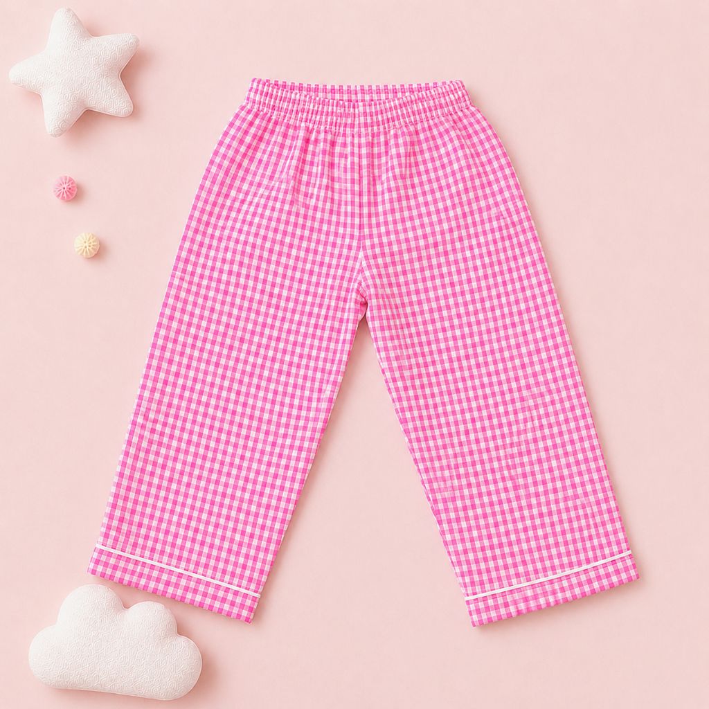 Girls Pink Gingham Cotton Night Suit with Dragonfly Patch