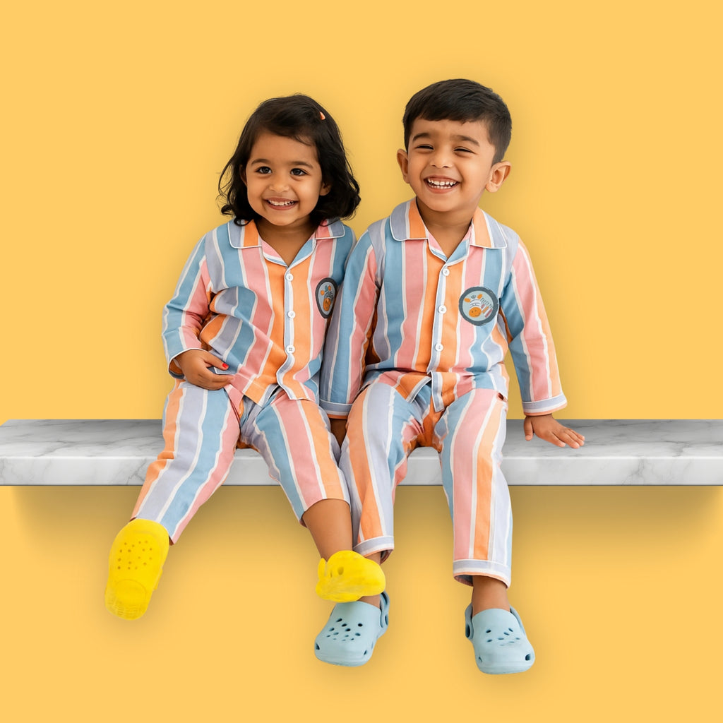 Giraffe ‑ Patch Striped Cotton Nightsuit –  Full‑Sleeves