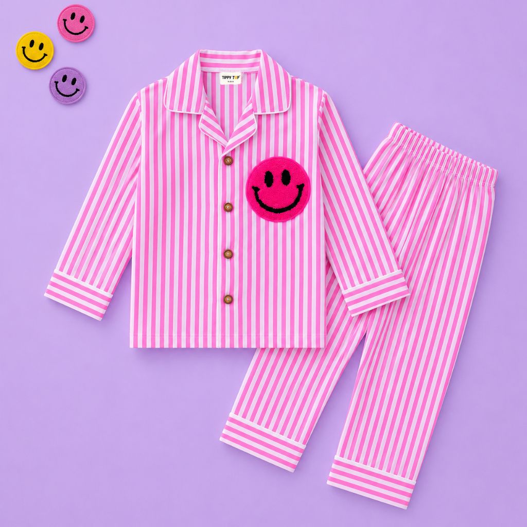 Pink Striped Smiley Cotton Kids Night Suit