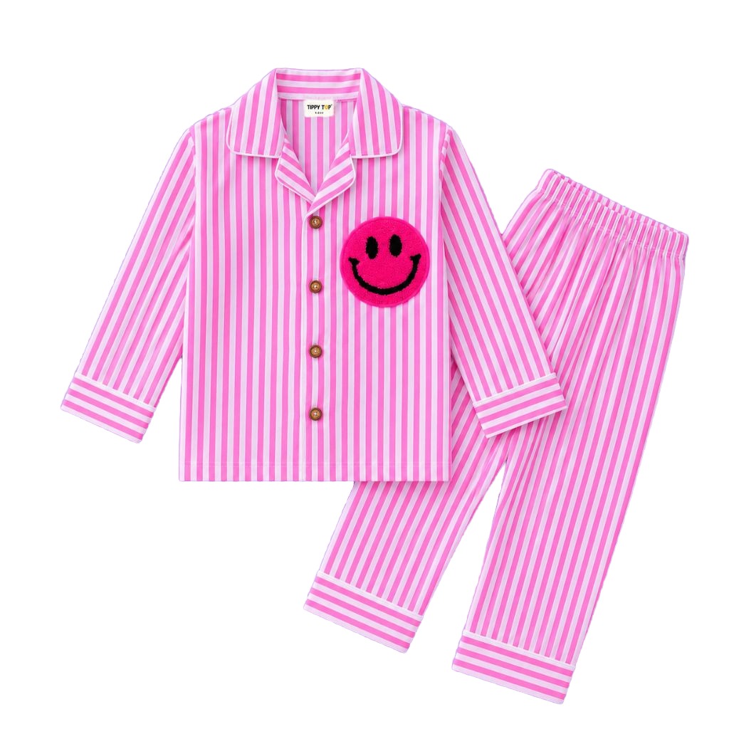 Pink Striped Smiley Cotton Kids Night Suit
