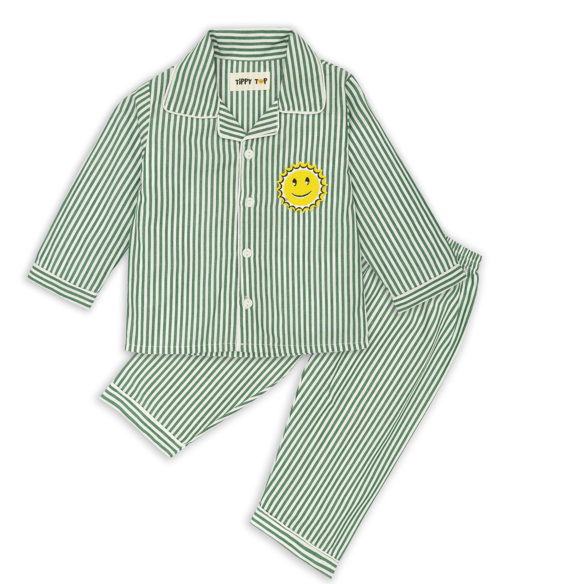 Green Cotton Striped Sun Patch Nightsuit Set