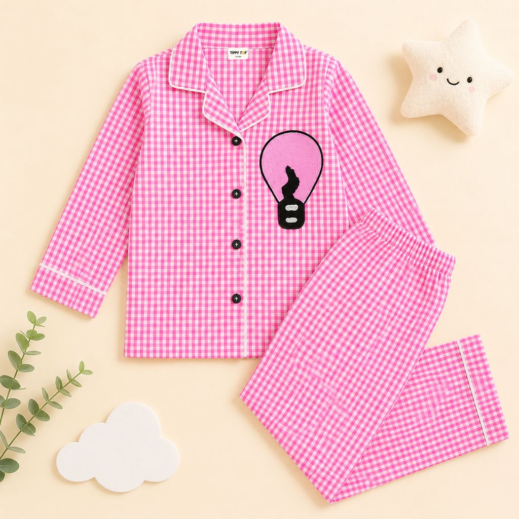 Girls Pink Ghingham Night Suit with Air Balloon Patch