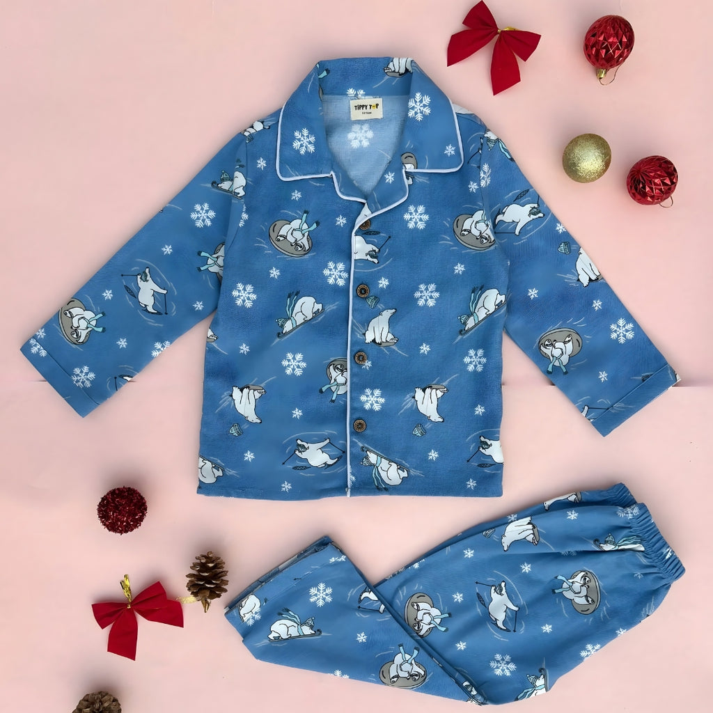Flannel Pajama Set – Blue Polar Animal Print Nightsuit