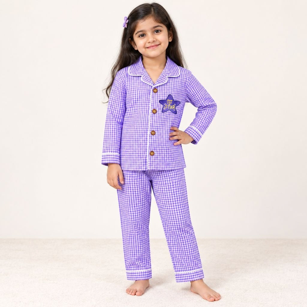 Cotton Full Sleeves Star Sticker Purple Ghingham Shirt & Pajama Nightsuit Set for Girls