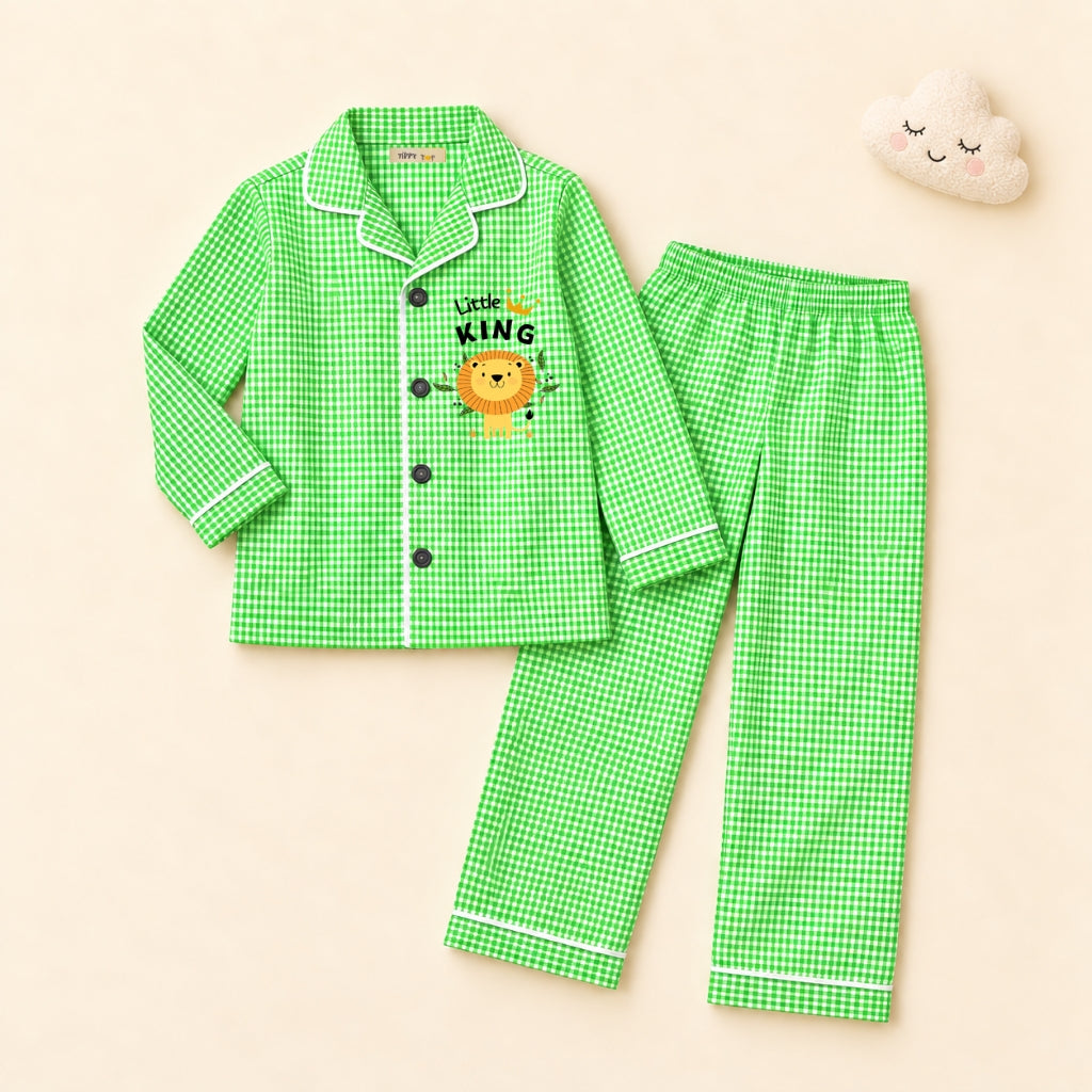 Cotton Full Sleeves Lion Sticker Green Ghingham Shirt & Pajama Nightsuit Set for Kids