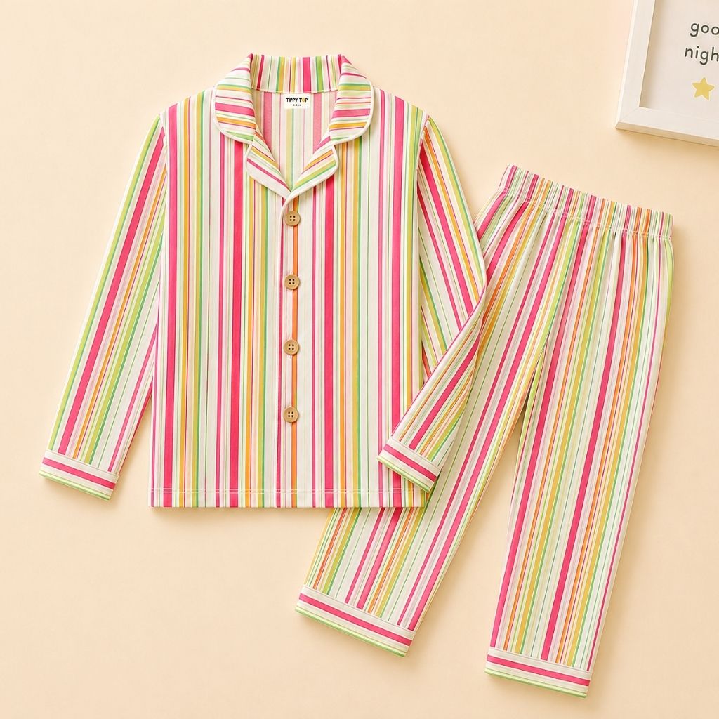 Cotton Woven Full Sleeves Multi Stripe Coordinating Shirt & Pajama Nightsuit Set for Kids